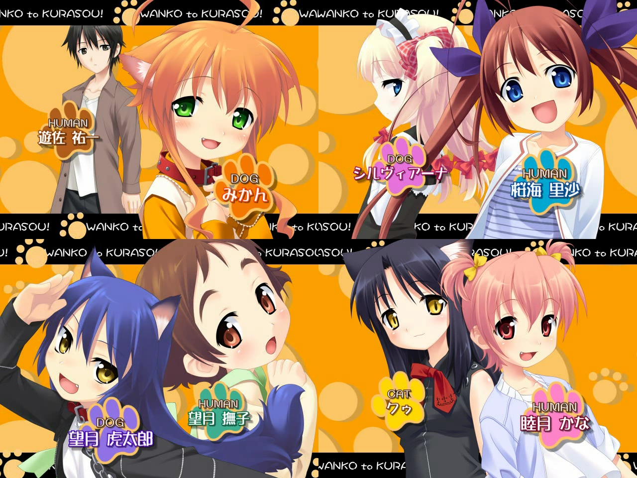 mizuki kotora, mutsuki, kotarou (wanko), kuu (wanko), mikan (wanko), mochizuki nadeshiko, mutsuki kana, oumi risa, silviana, yusa yuuichi, wanko to kurasou, translated, 1boy, 6+girls, :3, ahoge, animal ears, black hair, blonde hair, blue eyes, blue hair, blush, bow, brown eyes, brown hair, cat ears, chain, collar, dog ears, everyone, fang, green eyes, long hair, looking back, multiple girls, open mouth, orange hair, pet, pink hair, red eyes, red hair, ribbon, salute, short hair, short twintails, smile, twintails, yellow eyes