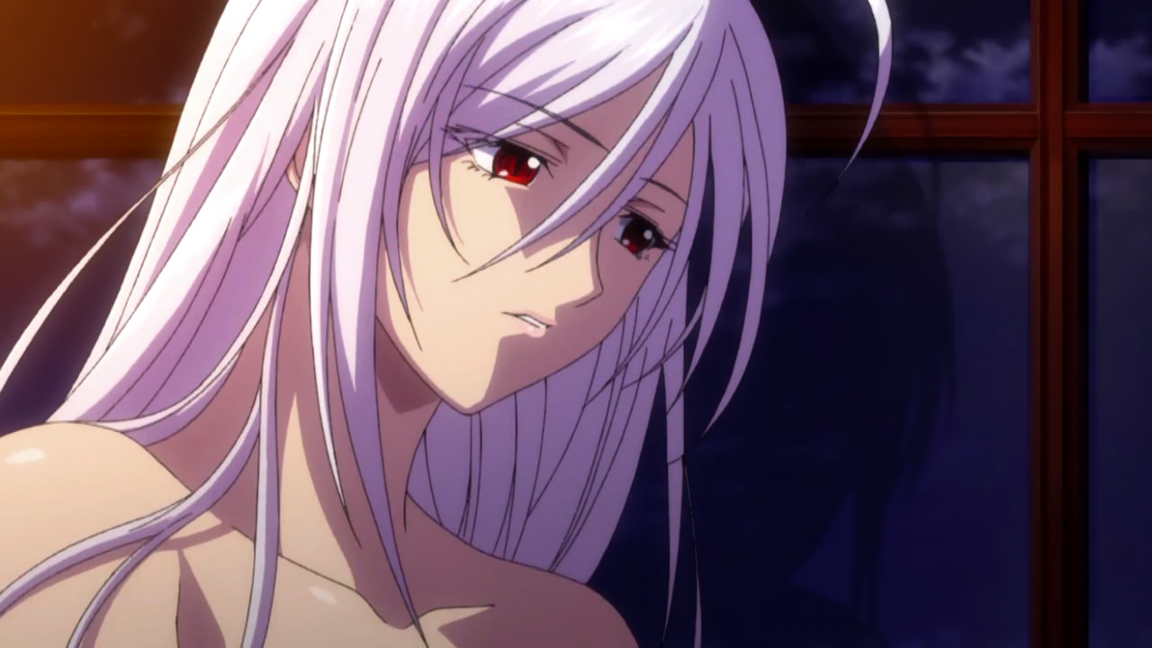 akashiya moka, inner moka, rosario+vampire, silver hair, 00s, long hair, night, night sky, red eyes, sky, vampire, window