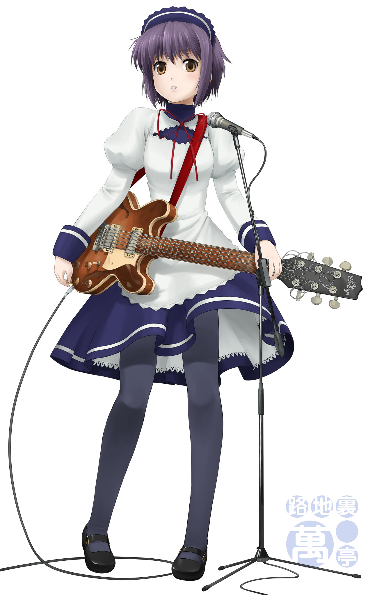 nagian, nagato yuki, suzumiya haruhi no yuuutsu, highres, 00s, 1girl, brown eyes, female focus, full body, guitar, instrument, microphone, microphone stand, pantyhose, purple hair, short hair, solo, standing, waitress, white background