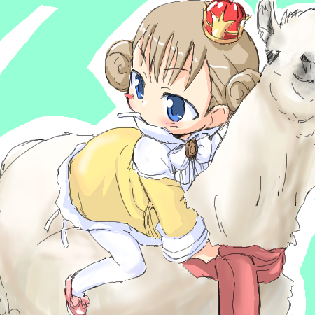 kojima tsuma, amatsuka mari, baby princess, lowres, 10s, 1girl, blue eyes, child, crown, female focus, flat chest, llama, pantyhose, riding, short hair, solo, white pantyhose