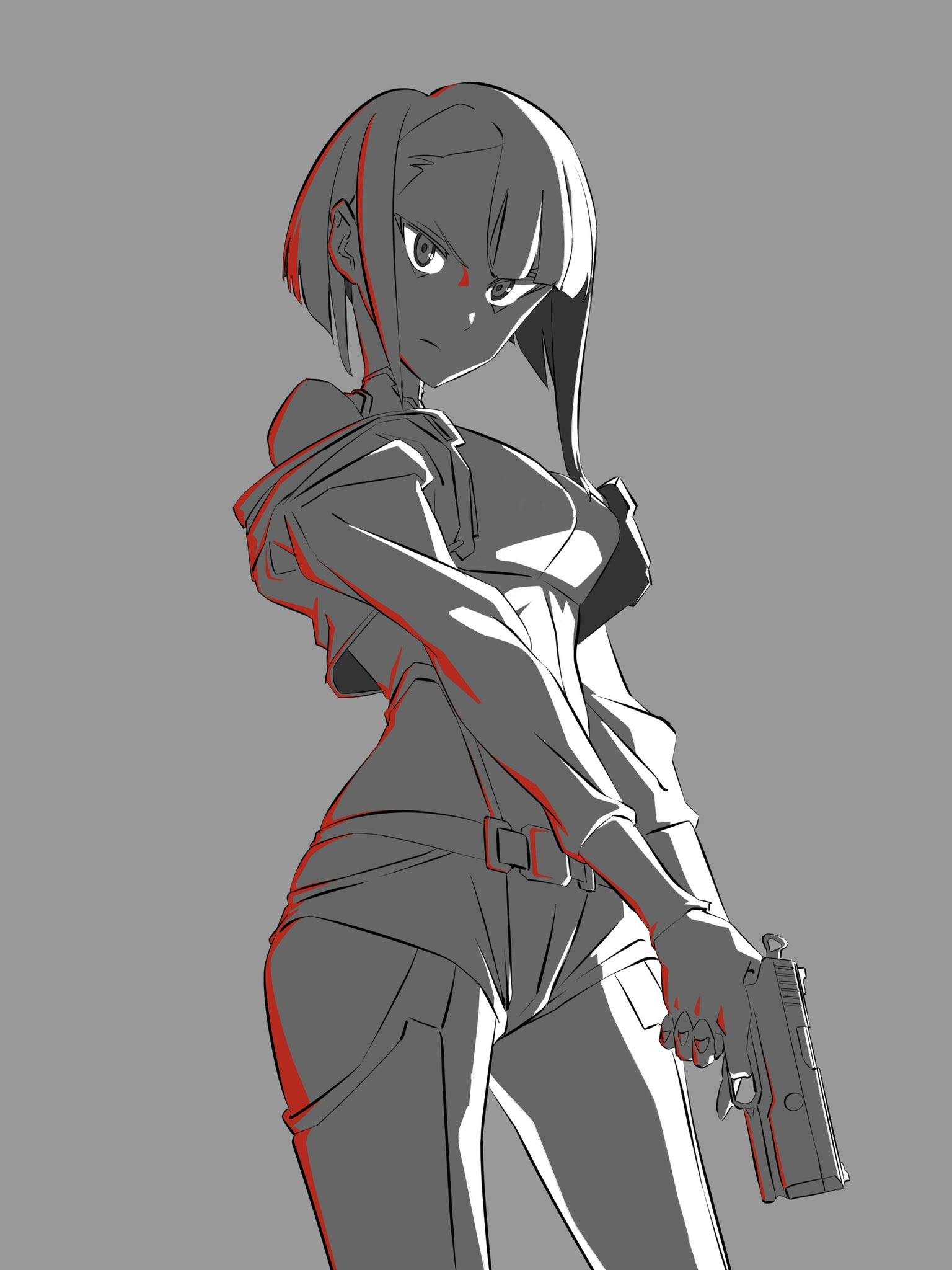 atsynd, lucy (cyberpunk), cyberpunk: edgerunners, cyberpunk (series), highres, 1girl, belt, breasts, gun, holding, holding gun, holding weapon, jacket, parted bangs, red light, weapon