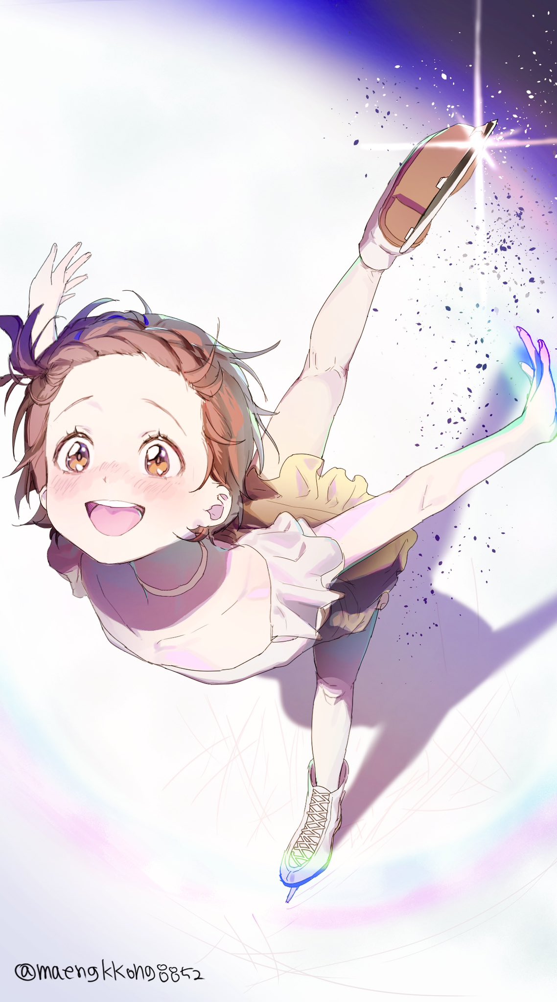 maengkkong8852, yuitsuka inori, medalist (manga), highres, 1girl, :d, ballet, blush, brown eyes, brown hair, choker, collarbone, forehead, full body, hair ribbon, ice skates, open mouth, outstretched arms, ribbon, shirt, short hair, shorts, skates, skirt, smile, solo, standing, standing on one leg, teeth, upper teeth only, white shirt