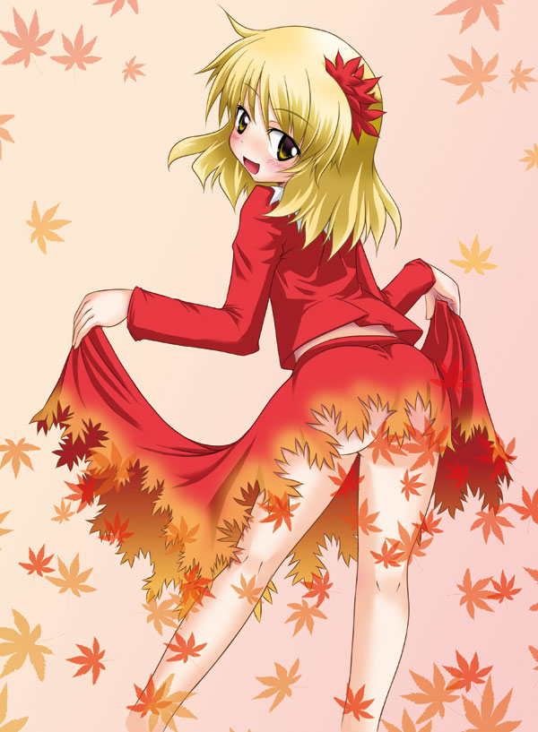naegi (naegidokoro), nibiqn, aki shizuha, touhou, 1girl, ass, blonde hair, clothes lift, dissolving, dissolving clothes, female focus, hair ornament, leaf, leaf hair ornament, skirt, skirt lift, solo, yellow eyes