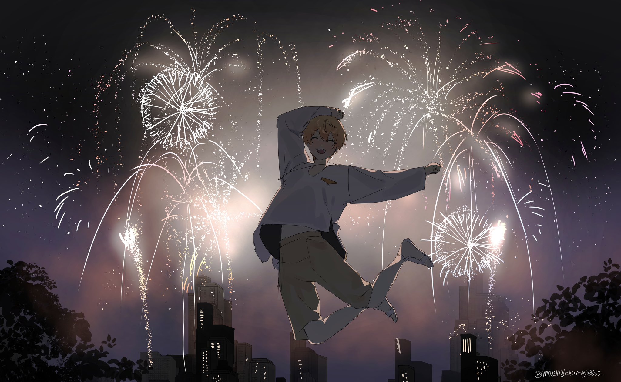 maengkkong8852, tenma tsukasa, project sekai, highres, 1boy, aerial fireworks, barefoot, blonde hair, brown pants, closed eyes, fireworks, full body, jumping, long sleeves, male focus, midair, night, night sky, open mouth, outdoors, pants, shirt, short hair, shorts, sky, smile, solo, teeth, tree, twitter username, white shirt