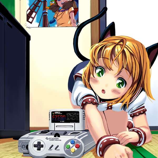 kouno (masao), bird (wonder project), josette, f-zero, nintendo, original, super famicom, wonder project j2, eyebrows, 1girl, :d, :o, ahoge, all fours, animal ears, arm behind back, bird, blonde hair, blue eyes, blush, bracelet, breasts, brown hair, buruma, buttons, cat ears, cat tail, controller, famicom, fang, female focus, game console, game controller, gamepad, green eyes, head tilt, holding own arm, indoors, instrument, jewelry, looking at viewer, necklace, ocarina, on floor, open mouth, orange hair, parted bangs, poster (medium), poster (object), puffy short sleeves, puffy sleeves, school uniform, serafuku, shoes, short hair, short sleeves, short twintails, small breasts, smile, solo, super nintendo, tail, tatami, twintails, video game