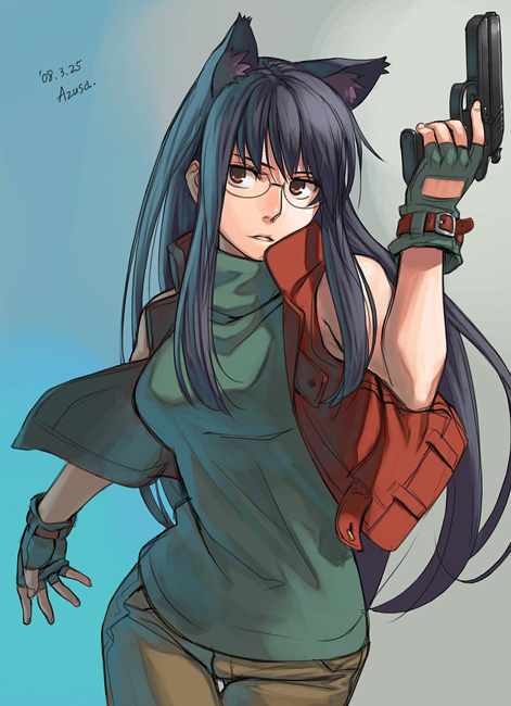 azusa (hws), original, 1girl, animal ears, black hair, brown eyes, cat ears, female focus, fingerless gloves, glasses, gloves, gun, handgun, long hair, pistol, semi-automatic pistol, simple background, sleeveless, solo, vest, weapon