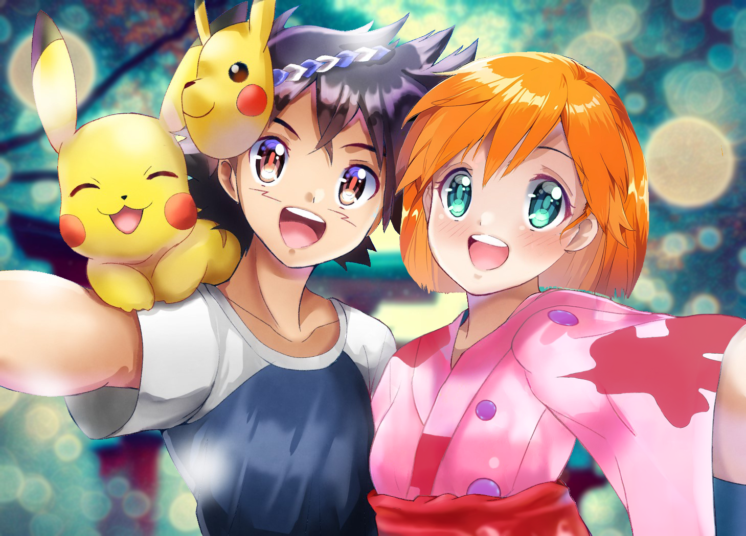 ash ketchum, misty (pokemon), pikachu, nintendo, pokemon, pokemon (anime), pokemon (classic anime), pokemon rgby, 1boy, 1girl, :3, :d, alternate hairstyle, animal, animal on shoulder, aqua eyes, black hair, blue shirt, blush, brown eyes, collarbone, eyelashes, gen 1 pokemon, green eyes, gym leader, hair between eyes, hetero, japanese clothes, kimono, looking at viewer, mask, mask on head, on shoulder, open mouth, orange hair, outdoors, outstretched arm, pink kimono, pokemon (creature), pokemon on shoulder, raglan sleeves, red sash, round teeth, sash, shirt, short hair, short sleeves, smile, t-shirt, teeth, tongue, upper body, upper teeth only, wide sleeves, yukata