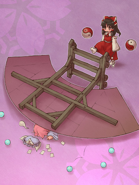 sankuma, hakurei reimu, saigyouji yuyuko, perfect cherry blossom, touhou, resized, black hair, card, danmaku, failure, ghost, gohei, hand fan, hat, japanese clothes, kicking, lying card, miko, options, parody, pink hair, pixiv thumbnail, saigyouji yuyuko's fan design, yin yang