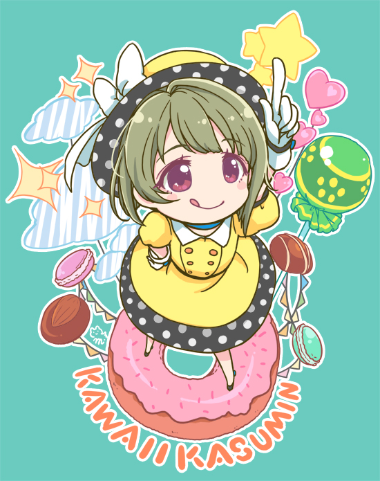 mizuki maya, nakasu kasumi, chupa chups, love live!, love live! nijigasaki high school idol club, commentary request, food request, 1girl, :q, arm up, black hat, candy, character name, chibi, chibi only, donut, dress, food, gloves, green hair, hand on own hip, hat, heart, lollipop, macaron, official alternate costume, on food, pink donut, pink eyes, polka dot headwear, poppin' up! (love live!), puffy short sleeves, puffy sleeves, short sleeves, solo, sparkle, sprinkles, standing, star (symbol), string of flags, tongue, tongue out, two-sided fabric, two-sided headwear, white gloves, yellow dress, yellow hat