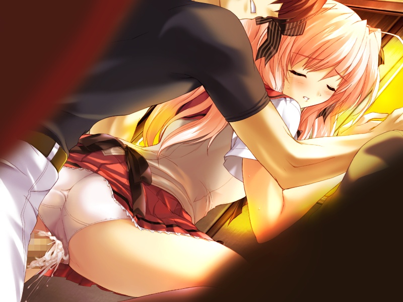 onigirikun, ikusabe takamaru, shihoudou narika, choukou (alicesoft), choukou sennin haruka, game cg, 00s, 1boy, 1girl, blush, censored, closed eyes, clothed sex, clothing aside, cum, cum in pussy, from behind, hetero, mosaic censoring, open fly, panties, panties aside, penis, pink hair, public indecency, school uniform, serafuku, sex, train, train interior, twintails, underwear, vaginal, white panties