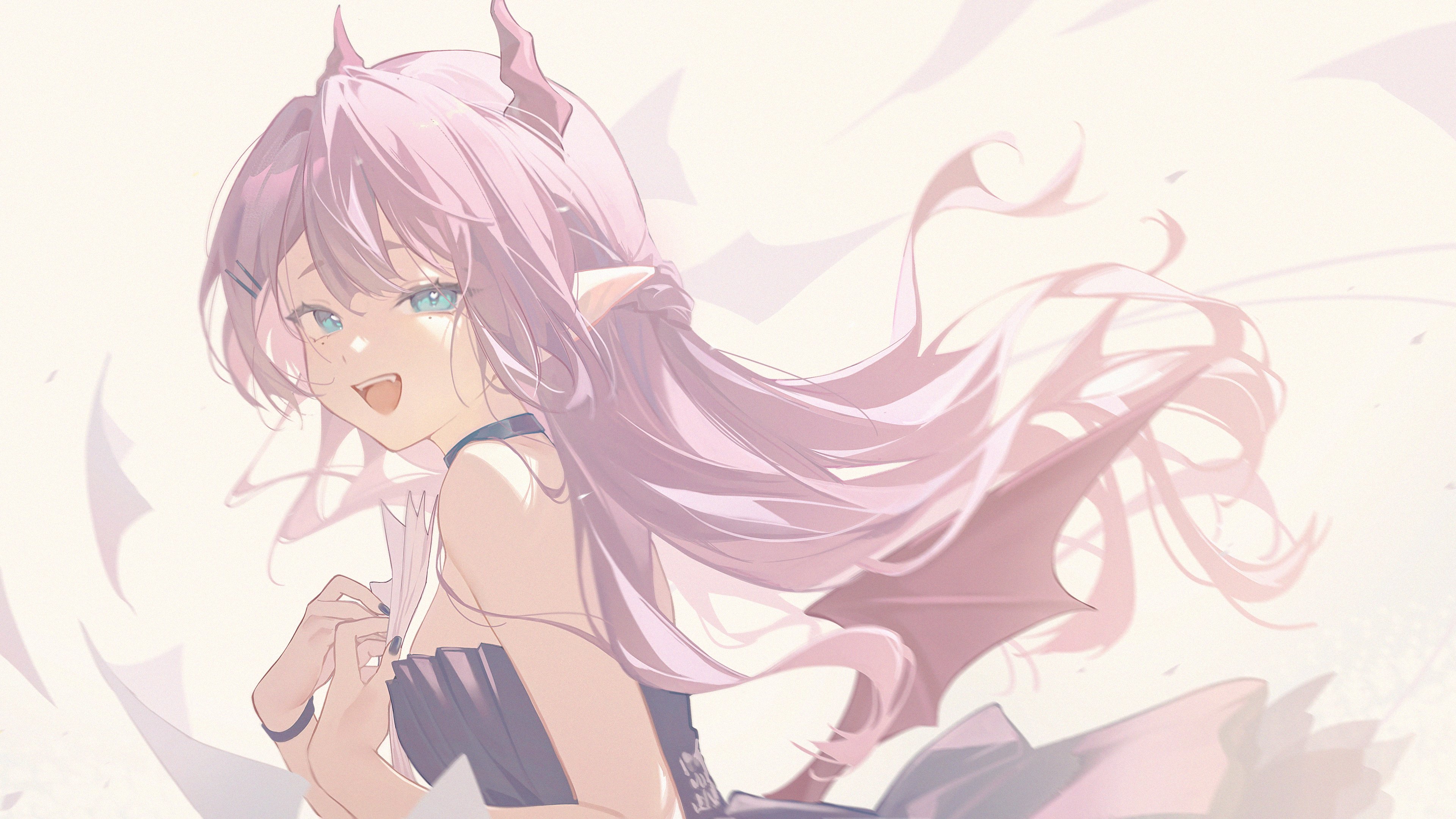 midori fufu, original, absurdres, highres, 1girl, :d, black choker, black dress, black wrist cuffs, blue eyes, breasts, brown hair, brown horns, choker, dress, fangs, from side, horns, long hair, looking at viewer, midori fufu (vtuber), open mouth, pointy ears, smile, solo, strapless, strapless dress, teeth, upper teeth only, white background, wrist cuffs