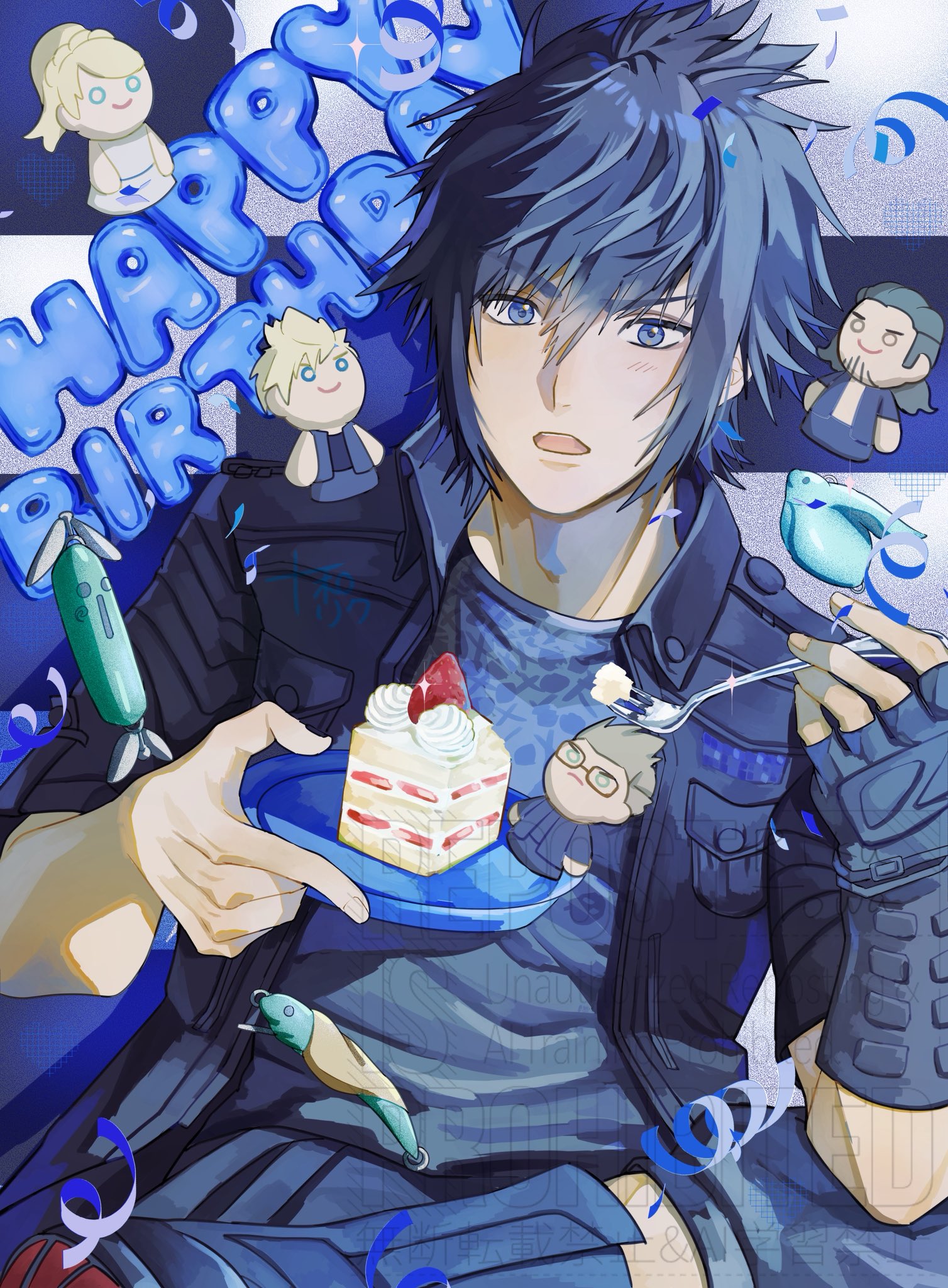 noctis lucis caelum, final fantasy, final fantasy xv, character request, commentary request, highres, 1girl, 4boys, birthday cake, black gloves, black jacket, blue eyes, blue hair, cake, cake slice, fingerless gloves, fingernails, food, fork, gloves, hair between eyes, happy birthday, holding, holding cake, holding food, holding fork, jacket, looking at viewer, male focus, multiple boys, open clothes, open jacket, open mouth, pocket, shirt, short hair, solo focus, strawberry cake, strawberry shortcake, tongue, towa towa riku