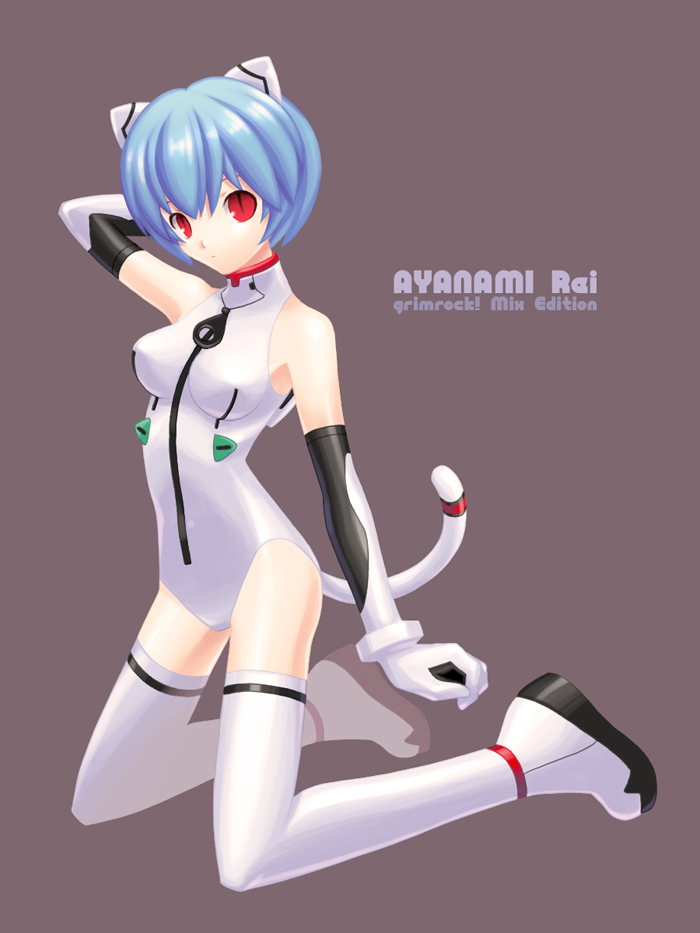 kirita asami, ayanami rei, neon genesis evangelion, pilot suit, 1girl, adapted costume, animal ears, arm behind head, armpits, bare shoulders, blue hair, boots, bracer, breasts, cat ears, cat tail, character name, elbow gloves, expressionless, fake animal ears, fake tail, female focus, from side, full body, gloves, grey background, grimrock! mix edition, halterneck, interface headset (evangelion), kemonomimi mode, kneeling, leotard, looking at viewer, mecha pilot suit, plugsuit (evangelion), red eyes, short hair, simple background, solo, super plugsuit (evangelion), tail, thigh boots, thighhighs, turtleneck, white boots, white gloves, white thighhighs
