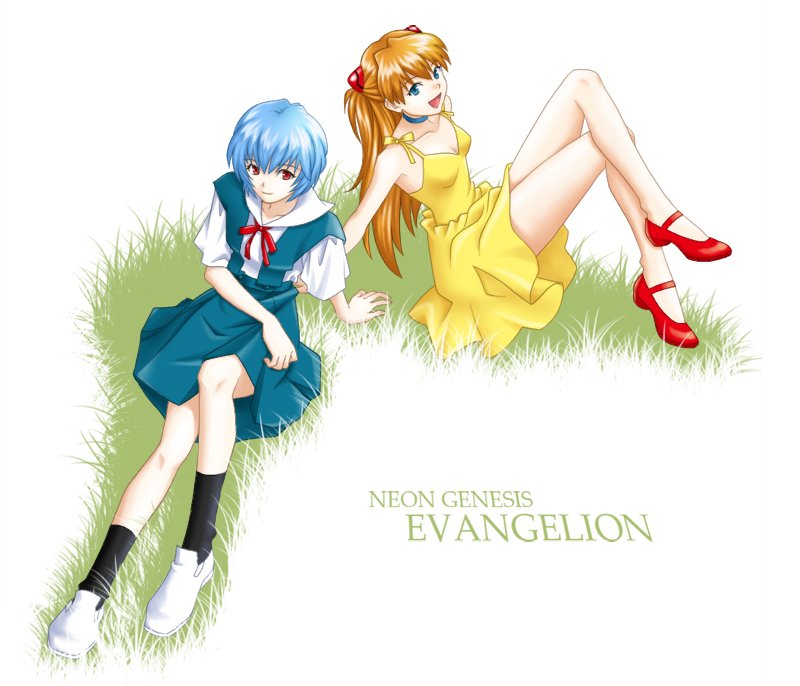 kirita asami, ayanami rei, souryuu asuka langley, neon genesis evangelion, 2girls, blue eyes, blue hair, choker, copyright name, dress, female focus, long hair, multiple girls, orange hair, red eyes, red hair, school uniform, serafuku, short hair, skirt, white background, yellow dress