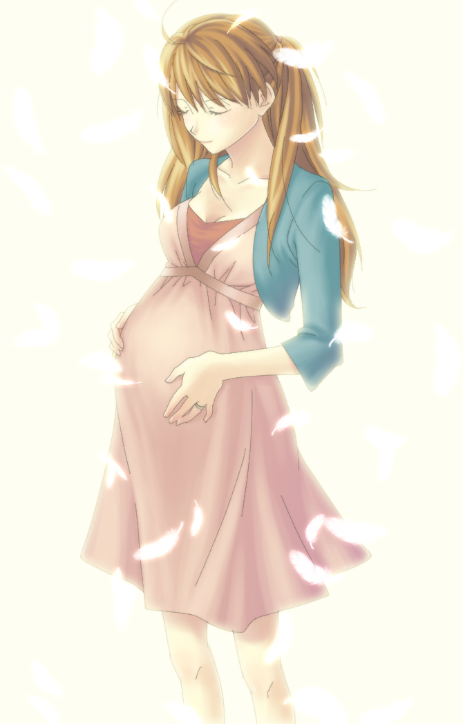 kirita asami, souryuu asuka langley, neon genesis evangelion, 1girl, ahoge, brown hair, closed eyes, dress, feathers, female focus, hand on own stomach, jewelry, long hair, pregnant, red hair, ring, smile, solo, wedding band