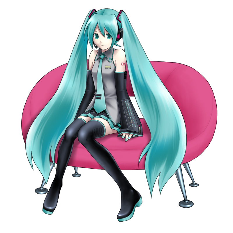 kirita asami, hatsune miku, vocaloid, detached sleeves, green eyes, green hair, headphones, long hair, microphone, necktie, skirt, solo, thighhighs, twintails, zettai ryouiki