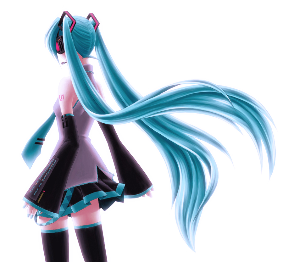 kirita asami, hatsune miku, vocaloid, detached sleeves, green eyes, green hair, headphones, long hair, microphone, necktie, skirt, solo, thighhighs, twintails, zettai ryouiki