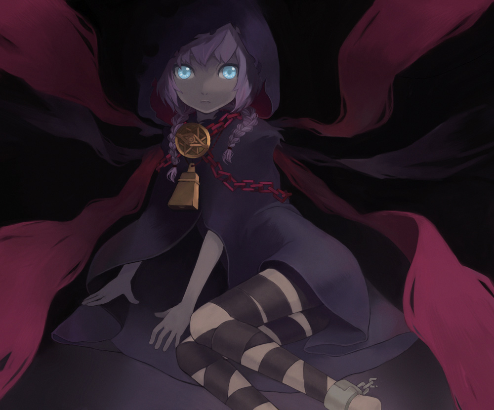 matsurika, curse maker, curse maker 2, atlus, etrian odyssey, painttool sai (medium), 1girl, bdsm, bell, blue eyes, bondage, bound, bound legs, braid, cloak, cowbell, cuffs, female focus, glowing, glowing eyes, manacle, medal, medallion, pink hair, purple hair, shackles, solo, twin braids