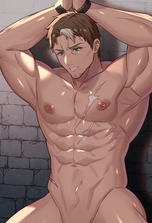 chiharudaaaaaaa, beryl gardernant, katainaka no ossan kensei ni naru, 1boy, abs, armpits, bara, bound, bound wrists, brown hair, completely nude, facial hair, green eyes, large pectorals, male focus, mature male, multicolored hair, muscular, muscular male, navel, nipples, nude, out-of-frame censoring, pectorals, scar, scar on chest, short hair, solo, streaked hair, stubble