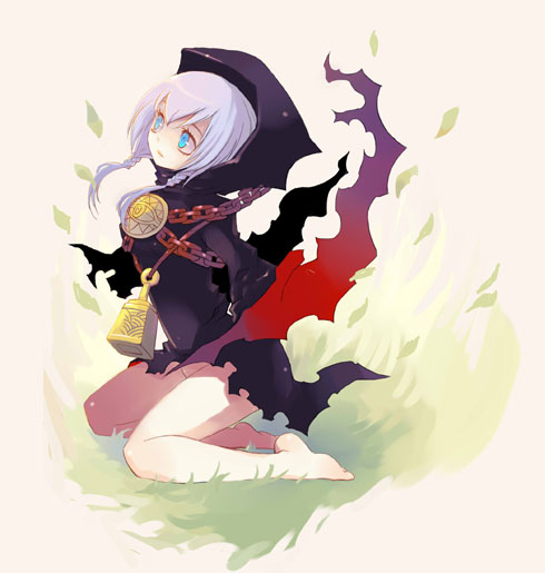 gin (oyoyo), curse maker, curse maker 2, atlus, etrian odyssey, barefoot, blue eyes, bottomless, feet, solo, white hair