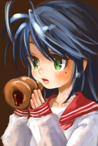 gin (oyoyo), izumi konata, lucky star, lowres, 00s, 1girl, ahoge, blue hair, chocolate cornet, eating, female focus, food, green eyes, mole, mole under eye, school uniform, serafuku, solo