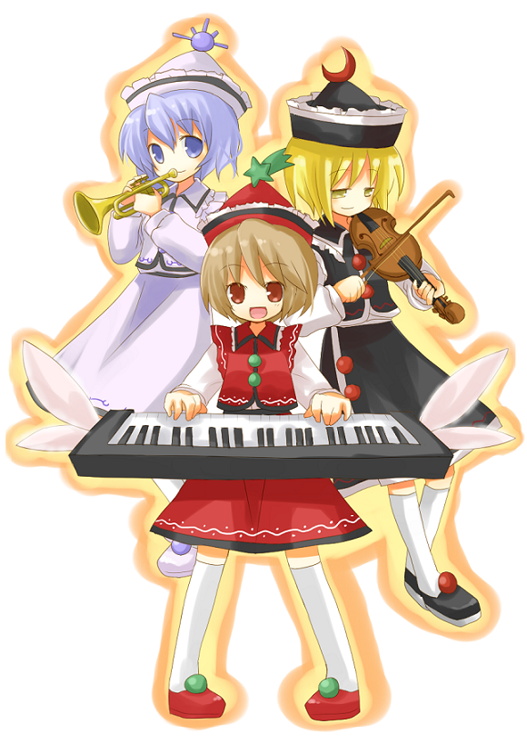 yuzuki (yuduame), lunasa prismriver, lyrica prismriver, merlin prismriver, touhou, bad id, bad pixiv id, 3girls, blonde hair, blue hair, brown hair, female focus, hat, instrument, keyboard (instrument), kneehighs, multiple girls, short hair, siblings, sisters, socks, trumpet, violin