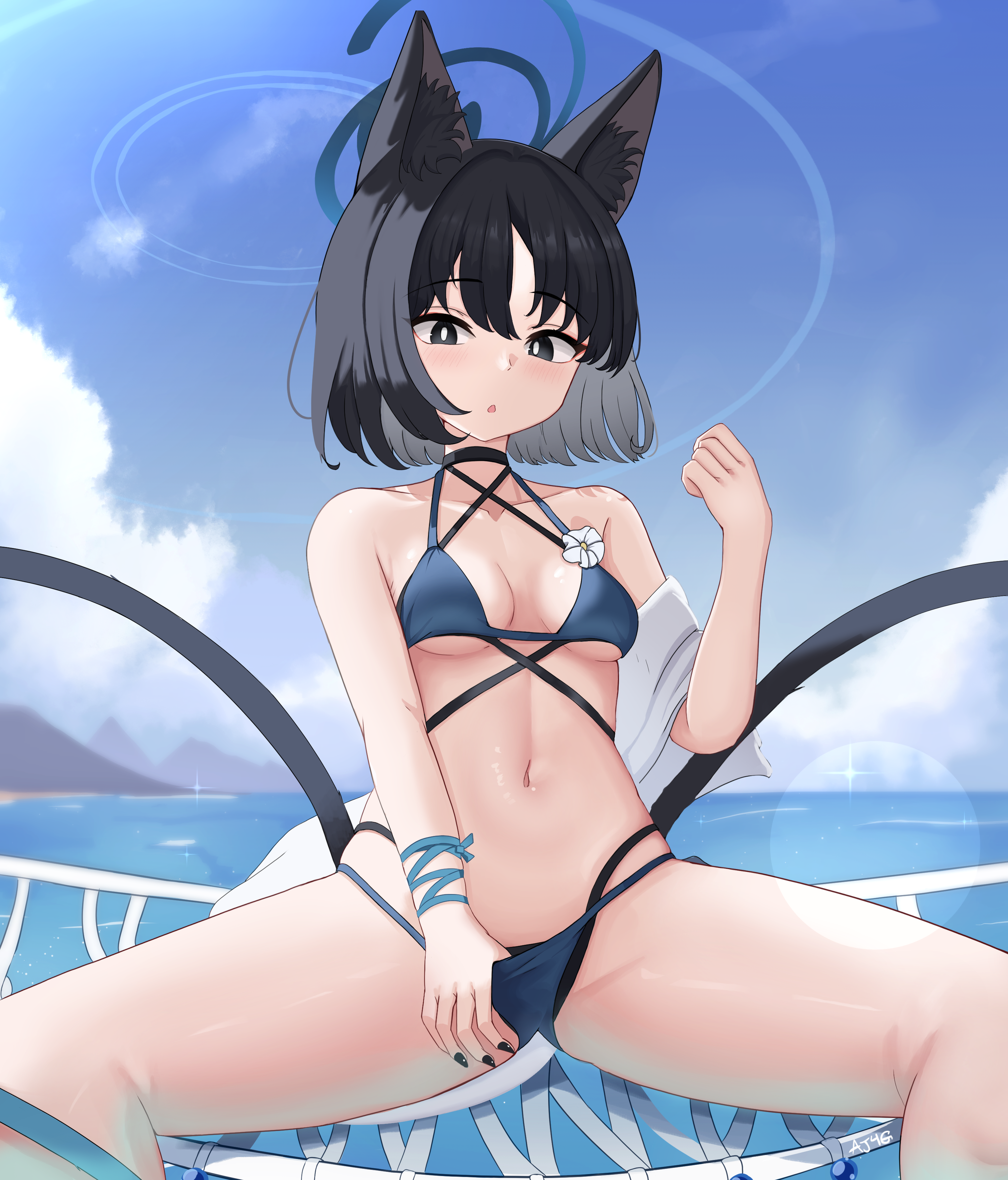 aj gtv, kikyou (blue archive), blue archive, absurdres, highres, 1girl, :o, animal ear fluff, animal ears, bakeneko, bikini, black hair, blue bikini, blue halo, blush, breasts, breasts apart, cat ears, cat girl, cat tail, choker, collarbone, colored inner animal ears, criss-cross straps, flower, flower bikini, gradient tail, grey hair, halo, halterneck, hand up, layered bikini, looking down, medium breasts, medium hair, multicolored hair, multiple tails, nail polish, navel, open mouth, pulling own clothes, sitting, solo, stomach, swimsuit, tail, thighs, two-tone hair, two tails