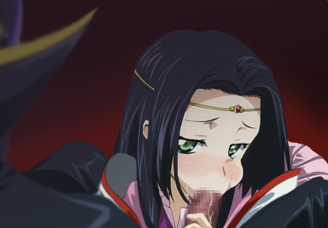 warainaku, sumeragi kaguya, zero (code geass), code geass, hyottokoaki, 00s, 1boy, 1girl, black hair, blush, censored, cheek bulge, fellatio, green eyes, hetero, oral, penis, pov, saliva