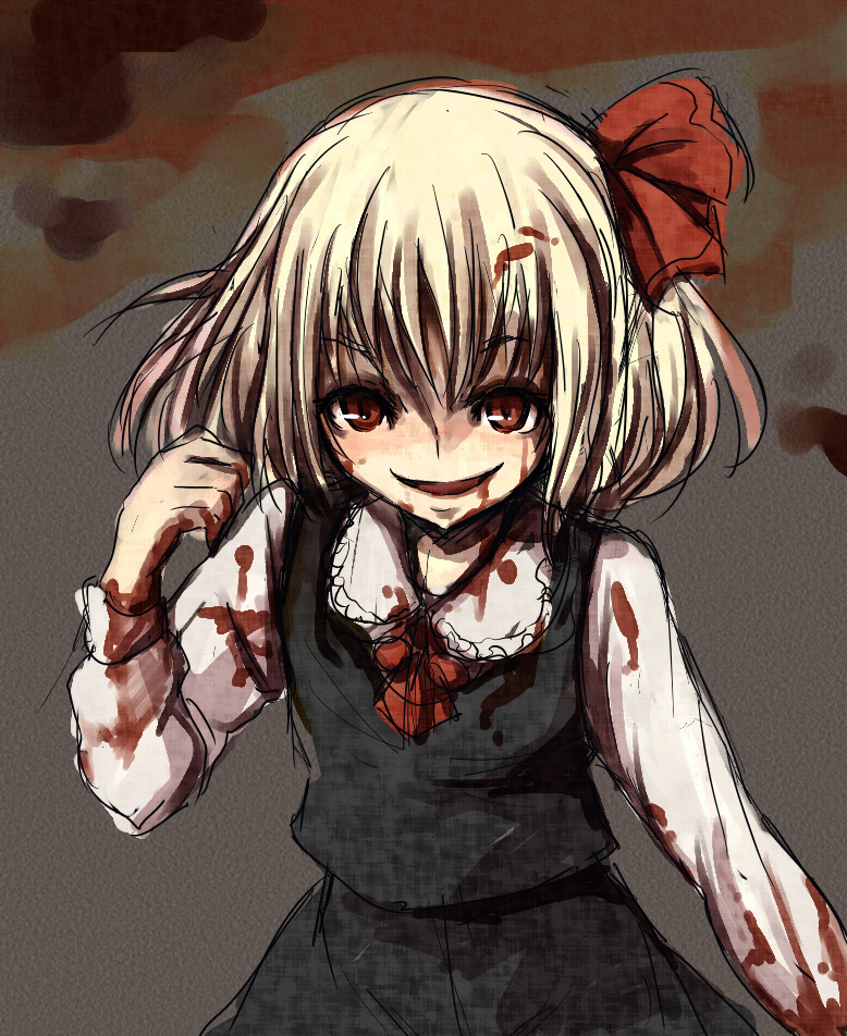 mishima hiroji, rumia, embodiment of scarlet devil, touhou, 1girl, blonde hair, blood, female focus, hair ribbon, necktie, red eyes, ribbon, short hair, solo