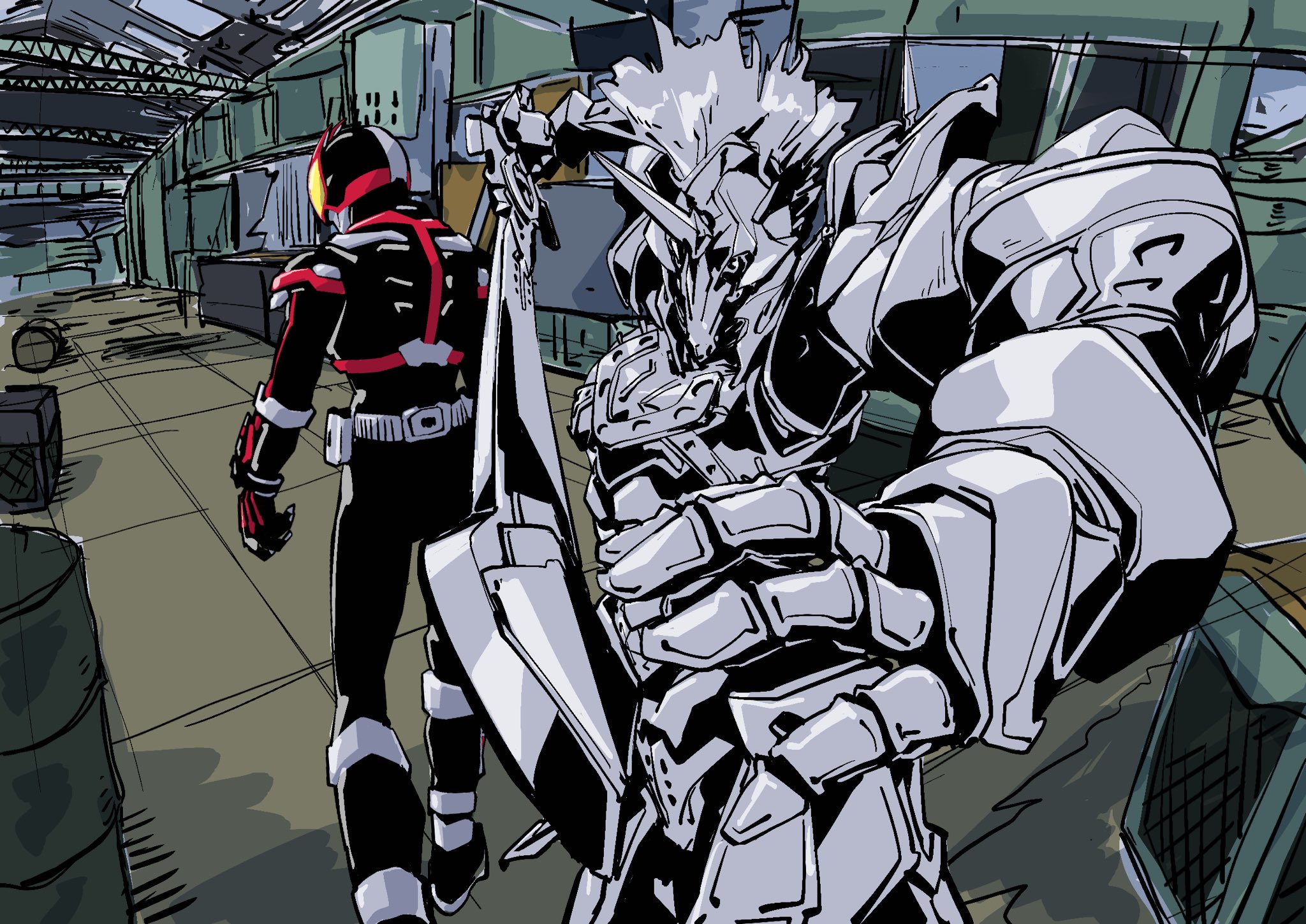 atsynd, horse orphnoch, kamen rider faiz, kamen rider, kamen rider 555, highres, 2boys, armor, foreshortening, from behind, full armor, gauntlets, gloves, greaves, helm, helmet, holding, holding knife, knife, multiple boys, tokusatsu, walking