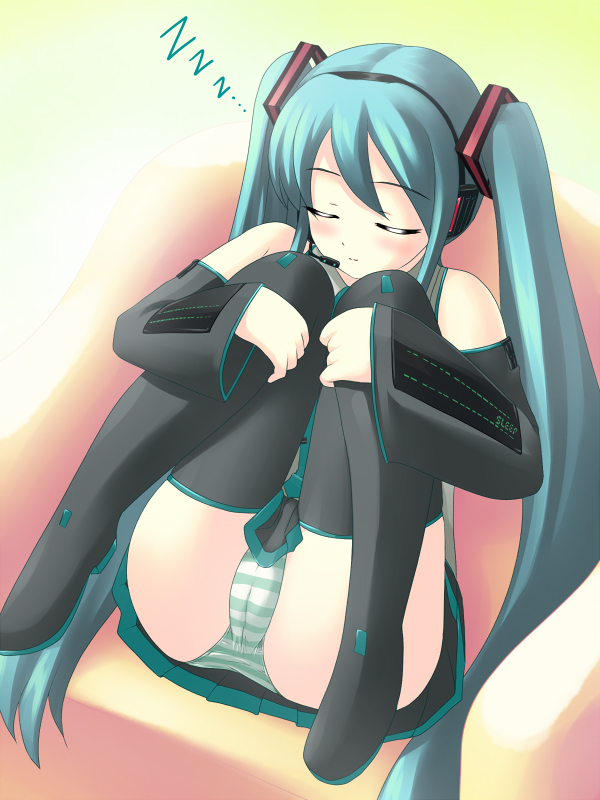 tdk, hatsune miku, vocaloid, bad id, bad pixiv id, 1girl, blush, cameltoe, closed eyes, female focus, long hair, microphone, panties, pantyshot, sitting, sleeping, solo, striped clothes, striped panties, thighhighs, twintails, underwear, very long hair