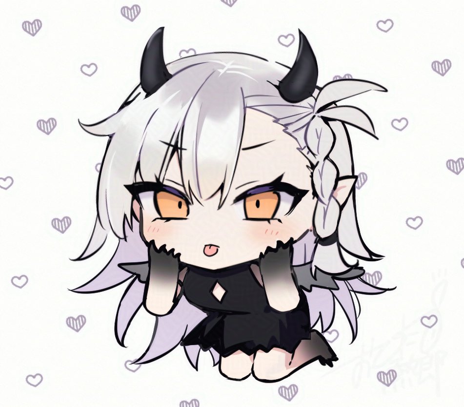 ohitashi netsurou, olga marie animusphere, fate/grand order, fate (series), commentary request, 1girl, antenna hair, black dress, black horns, black wings, blush, braid, chibi, demon horns, demon wings, dress, grey hair, hair between eyes, horns, long hair, looking at viewer, mini person, minigirl, official alternate costume, pointy ears, simple background, sleeveless, sleeveless dress, solo, tongue, tongue out, wings, yellow eyes
