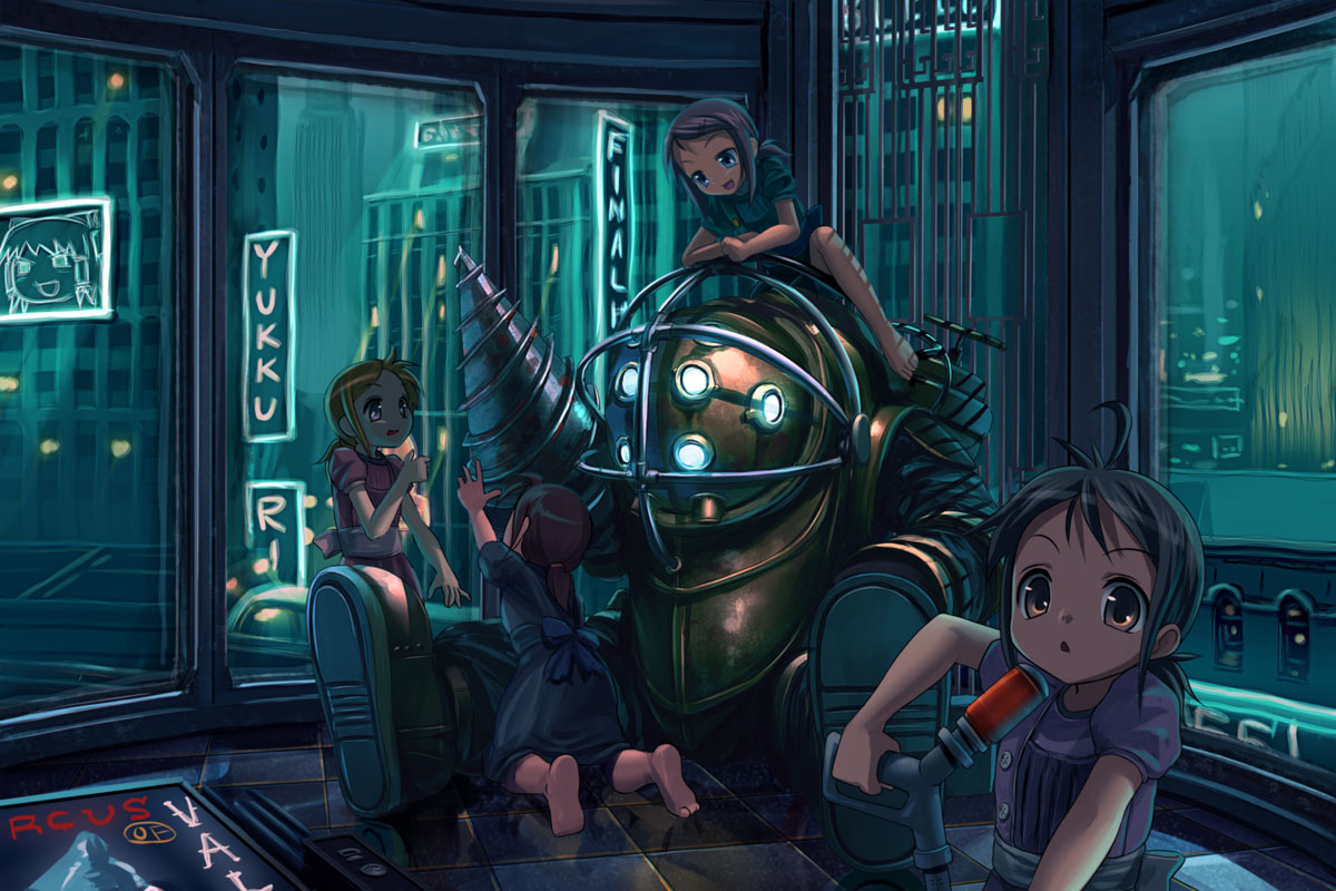 patorishia, big daddy (bioshock), hakurei reimu, little sister (bioshock), bioshock (series), touhou, art deco, barefoot, child, feet, yukkuri shiteitte ne