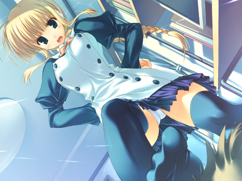 mitsumi misato, silfa (to heart), to heart (series), to heart 2, to heart 2 ad, game cg, 00s, 1girl, blonde hair, bow, bowtie, braid, braided ponytail, buttons, dutch angle, feet, female focus, footstool, green eyes, maid, panties, pantyshot, robot ears, single braid, skirt, solo, thighhighs, trample, underwear, upskirt, zettai ryouiki