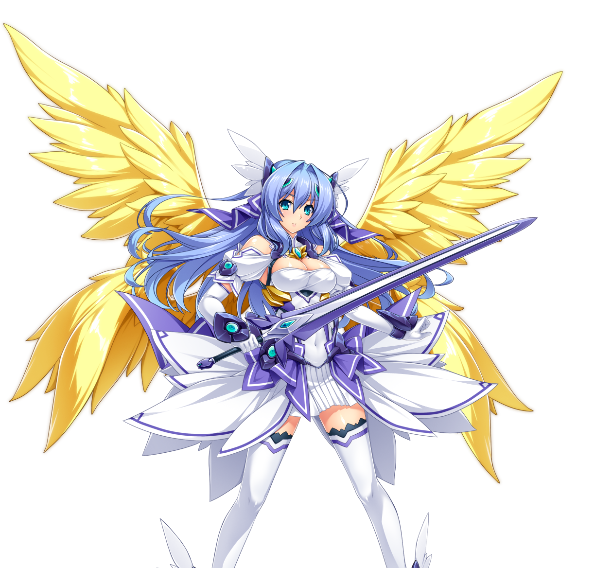 inoino, katsuragi marina, kouyoku senki exs-tia, game cg, large variant set, non-web source, official art, variant set, 1girl, aqua eyes, blue eyes, blue hair, breasts, celestia (exs-tia), chest jewel, cleavage, dress, elbow gloves, feathered wings, gloves, hair ornament, head wings, headgear, holding, holding sword, holding weapon, large breasts, long hair, looking at viewer, multiple wings, smile, solo, sword, thighhighs, transparent background, weapon, white gloves, white thighhighs, wings, yellow wings, zettai ryouiki