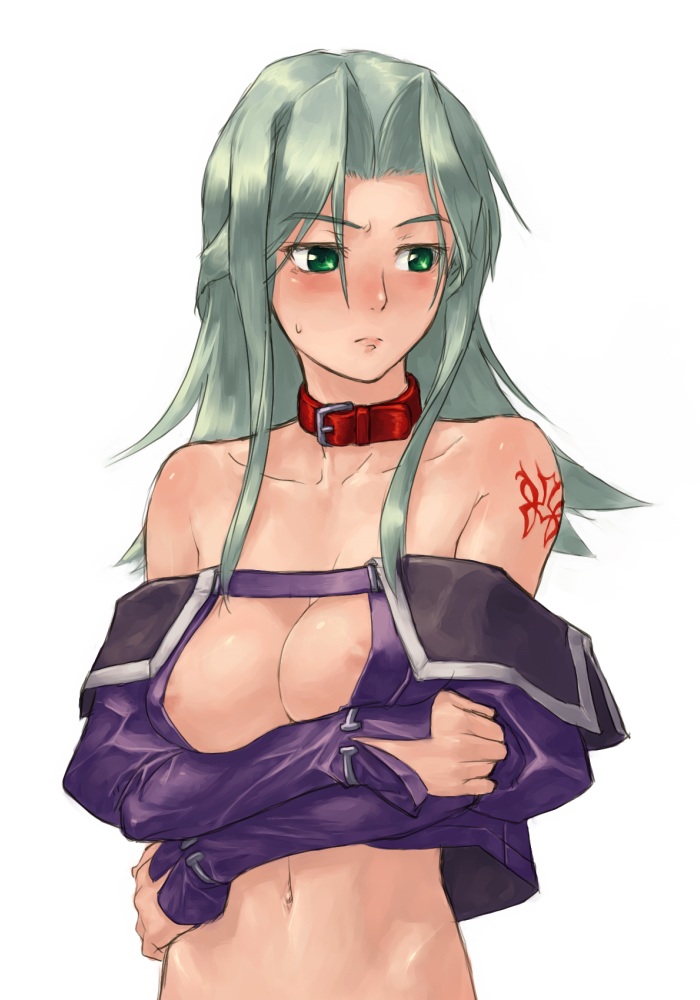 lamia loveless, banpresto, super robot wars, super robot wars original generation, 1girl, bare shoulders, blush, collar, female focus, green eyes, green hair, long hair, matching hair/eyes, midriff, solo, tattoo