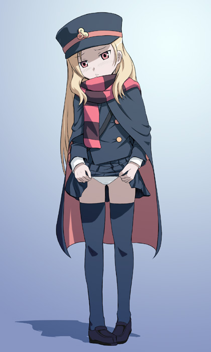 itou nobuhiro, chiaki (shigofumi), shigofumi, md5 mismatch, resolution mismatch, source larger, 00s, 1girl, blonde hair, clothes lift, embarrassed, female focus, hat, lifting own clothes, loli, long hair, panties, red eyes, scarf, shako cap, skirt, skirt lift, solo, striped clothes, striped scarf, thighhighs, underwear, zettai ryouiki