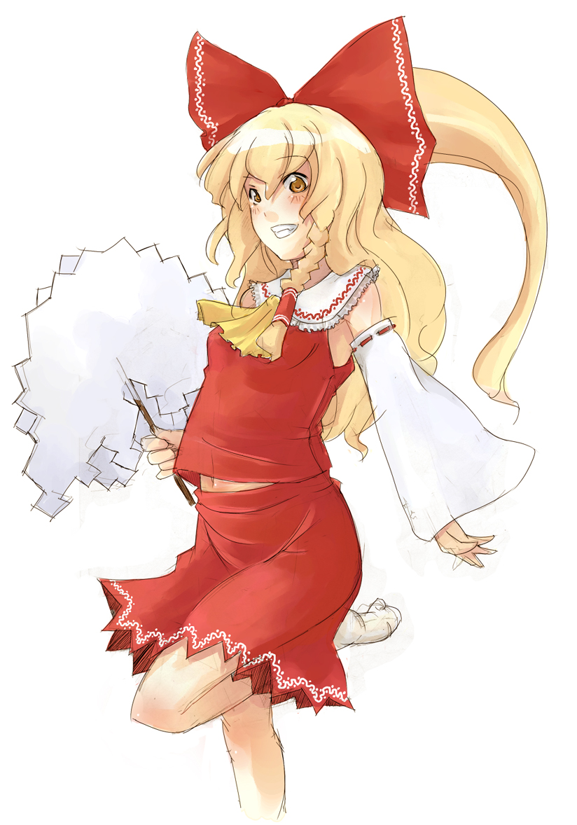 ofuro mantarou, hakurei reimu, kirisame marisa, touhou, bad id, bad pixiv id, 1girl, ascot, blonde hair, bow, braid, cosplay, detached sleeves, female focus, gohei, grin, hair bow, hakurei reimu (cosplay), half updo, japanese clothes, long hair, midriff, miko, oonusa, shide, side braid, simple background, sketch, smile, solo, white background, yellow ascot, yellow eyes