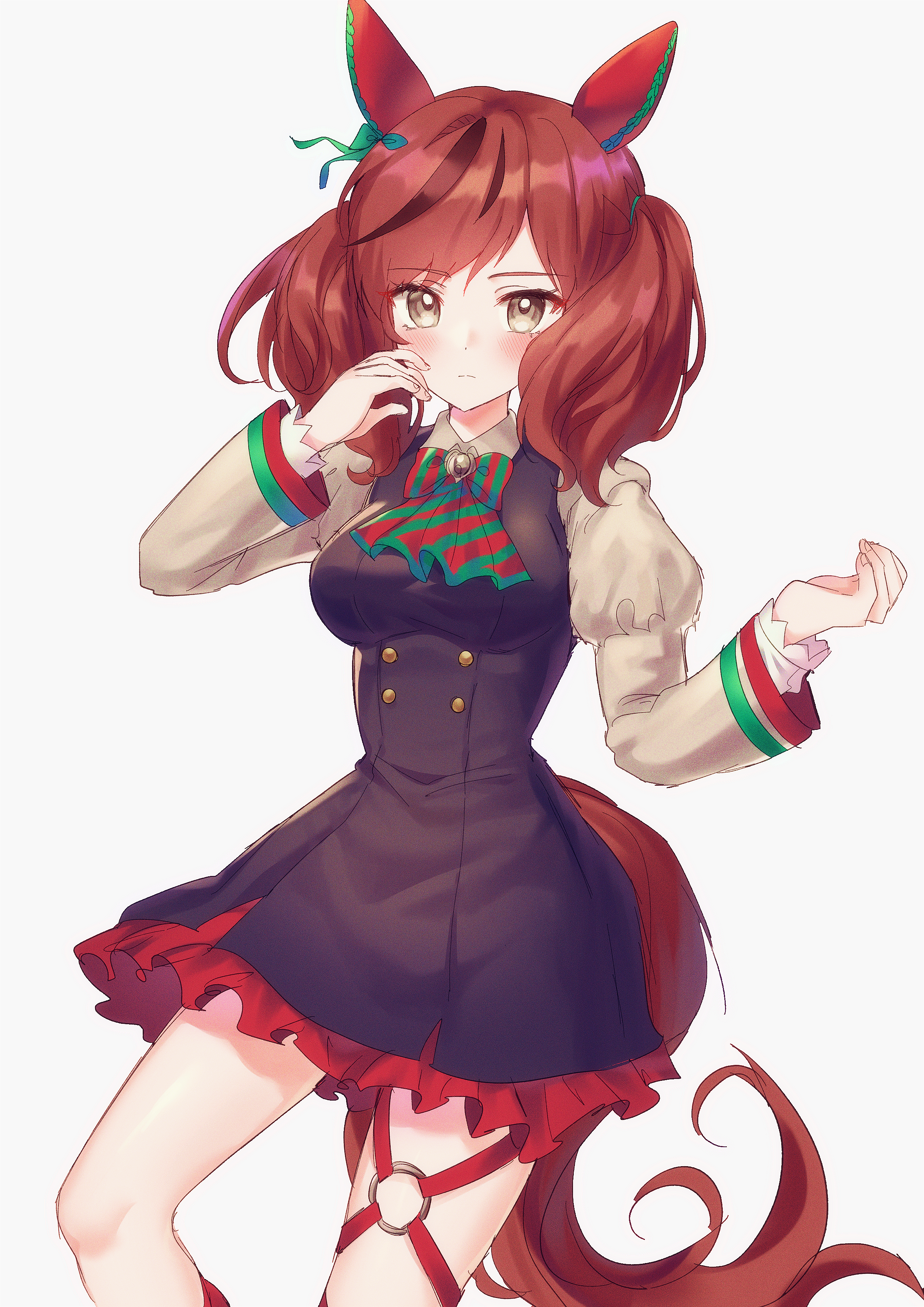 cynthia (uuzz5324), nice nature (umamusume), umamusume, absurdres, highres, 1girl, animal ears, ascot, black dress, blush, bow, breasts, brown eyes, brown hair, closed mouth, dress, ear bow, ear covers, ear ornament, ear ribbon, green bow, horse ears, horse girl, horse tail, large breasts, long sleeves, looking at viewer, medium hair, multicolored hair, puffy sleeves, simple background, solo, streaked hair, tail, thigh strap, twintails, white background