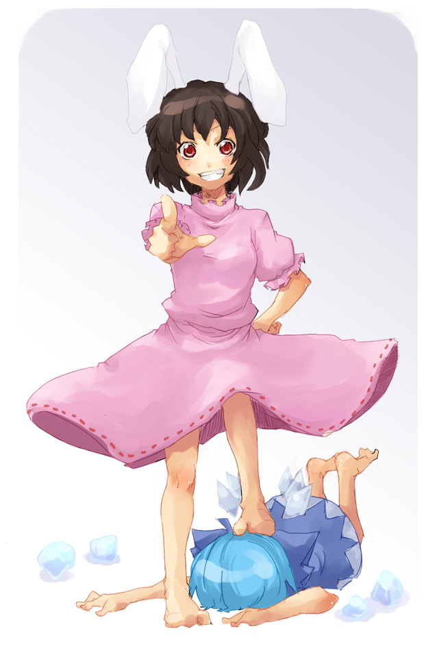 ofuro mantarou, cirno, inaba tewi, touhou, bad id, bad pixiv id, 2girls, animal ears, barefoot, faceplant, feet, female focus, foot on head, grin, multiple girls, pointing, rabbit ears, smile, trample, wings