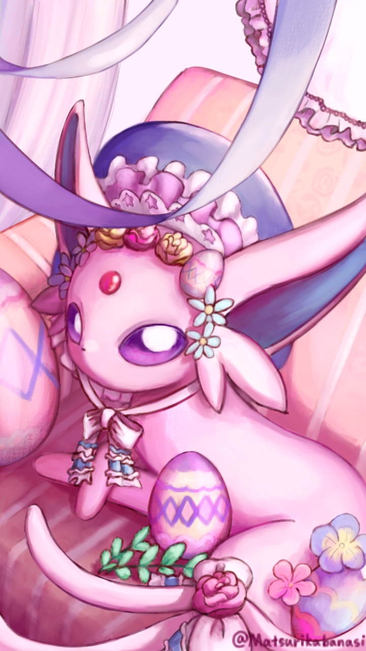 matsurikabanasi, espeon, espeon (botanical easter), nintendo, pokemon, commentary request, highres, animal focus, bonnet, bow, couch, easter egg, egg, flower, forehead jewel, gen 2 pokemon, lying, no humans, pokemon (creature), pokemon focus, purple eyes, solo, tail, tail bow, tail ornament, twitter username