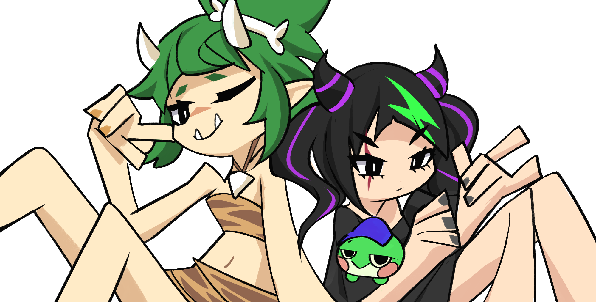 coqui, meat (vtuber), 3am, panty & stocking with garterbelt, commentary, english commentary, highres, 2girls, :>, animal print, black eyes, black hair, black nails, black shirt, blue hat, bone hair ornament, bright pupils, closed mouth, eyelashes, fangs, frog, green hair, hair horns, hair ornament, hat, horns, jewelry, jitome, midriff, multicolored hair, multiple girls, nail polish, navel, necklace, one eye closed, oyatsuchanvt, parody, purple hair, scar, scar across eye, scar on face, shirt, sidelocks, sitting, smile, streaked hair, style parody, tiger print, tooth necklace, transparent background, twintails, virtual youtuber, white horns, white pupils