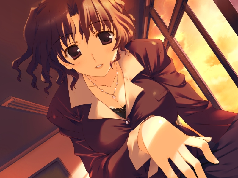 mitsumi misato, yuzuhara haruka, to heart (series), to heart 2, to heart 2 ad, game cg, 00s, 1girl, breasts, brown eyes, brown hair, cleavage, dutch angle, evening, female focus, large breasts, mature female, parted lips, solo, twilight