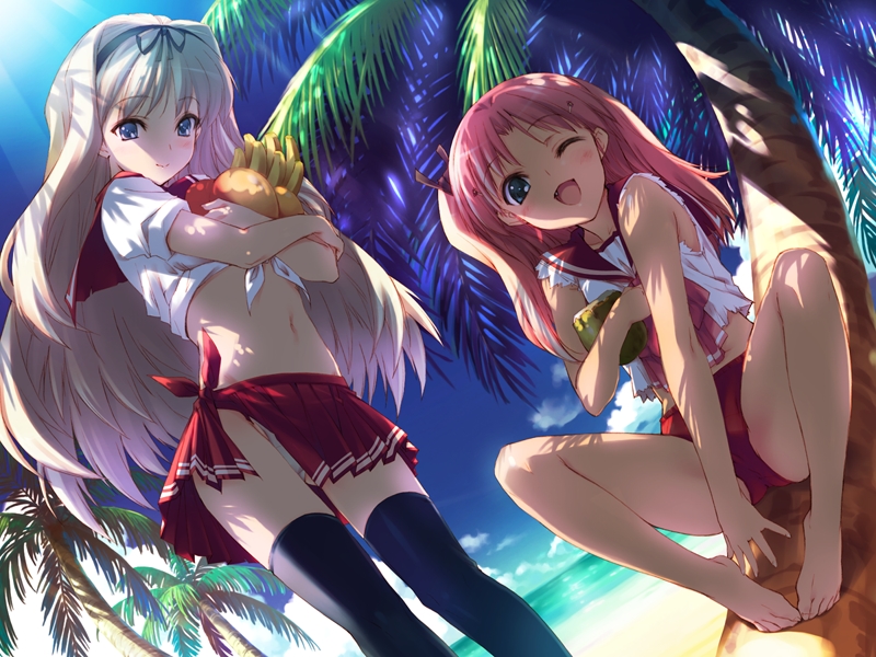 kawata hisashi, kusugawa sasara, maaryan, to heart 2, to heart 2 ad, toe-point, game cg, 2girls, barefoot, beach, blonde hair, blue eyes, blush, buruma, fang, feet, food, hairband, long hair, midriff, multiple girls, ocean, one eye closed, panties, pink hair, school uniform, serafuku, side ponytail, sitting, skirt, sleeveless, smile, thighhighs, toes, torn clothes, underwear, white panties, wink