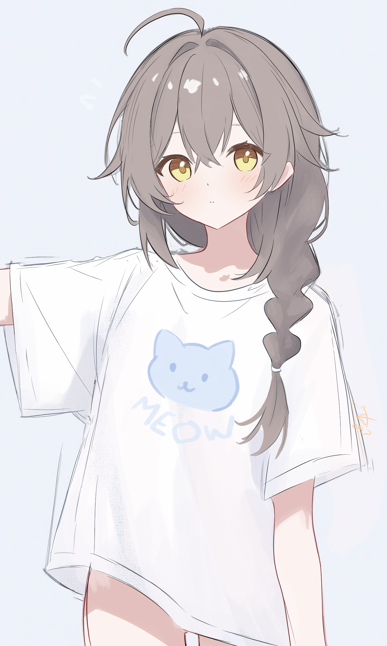 noire neige, kokona (strinova), strinova, highres, 1girl, ahoge, arm up, blush, bottomless, braid, braided ponytail, brown hair, gluteal fold, hair tie, long hair, looking at viewer, low ponytail, multicolored hair, no panties, ponytail, shirt, simple background, solo, streaked hair, thighs, white shirt, yellow eyes