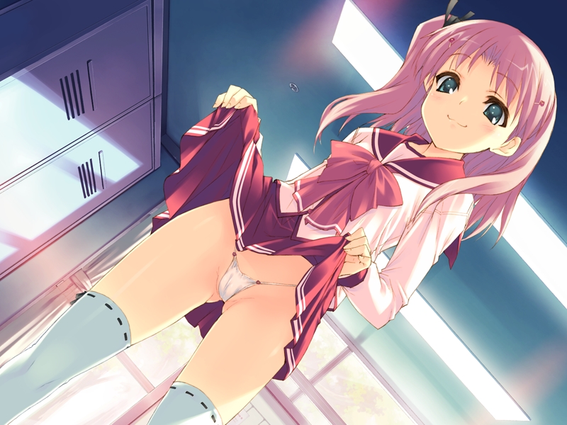 kawata hisashi, maaryan, to heart 2, to heart 2 ad, game cg, 1girl, green eyes, panties, pink hair, ribbon-trimmed legwear, ribbon trim, school uniform, serafuku, skirt, skirt lift, solo, thighhighs, underwear, upskirt