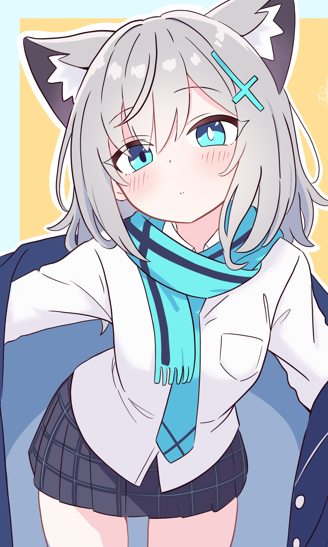noire neige, shiroko (blue archive), blue archive, highres, 1girl, animal ears, blue eyes, blush, dress shirt, grey hair, hair ornament, hairclip, jacket, jacket partially removed, looking at viewer, open mouth, removing jacket, scarf, shirt, simple background, skirt, solo, thigh gap, thighs, wolf ears