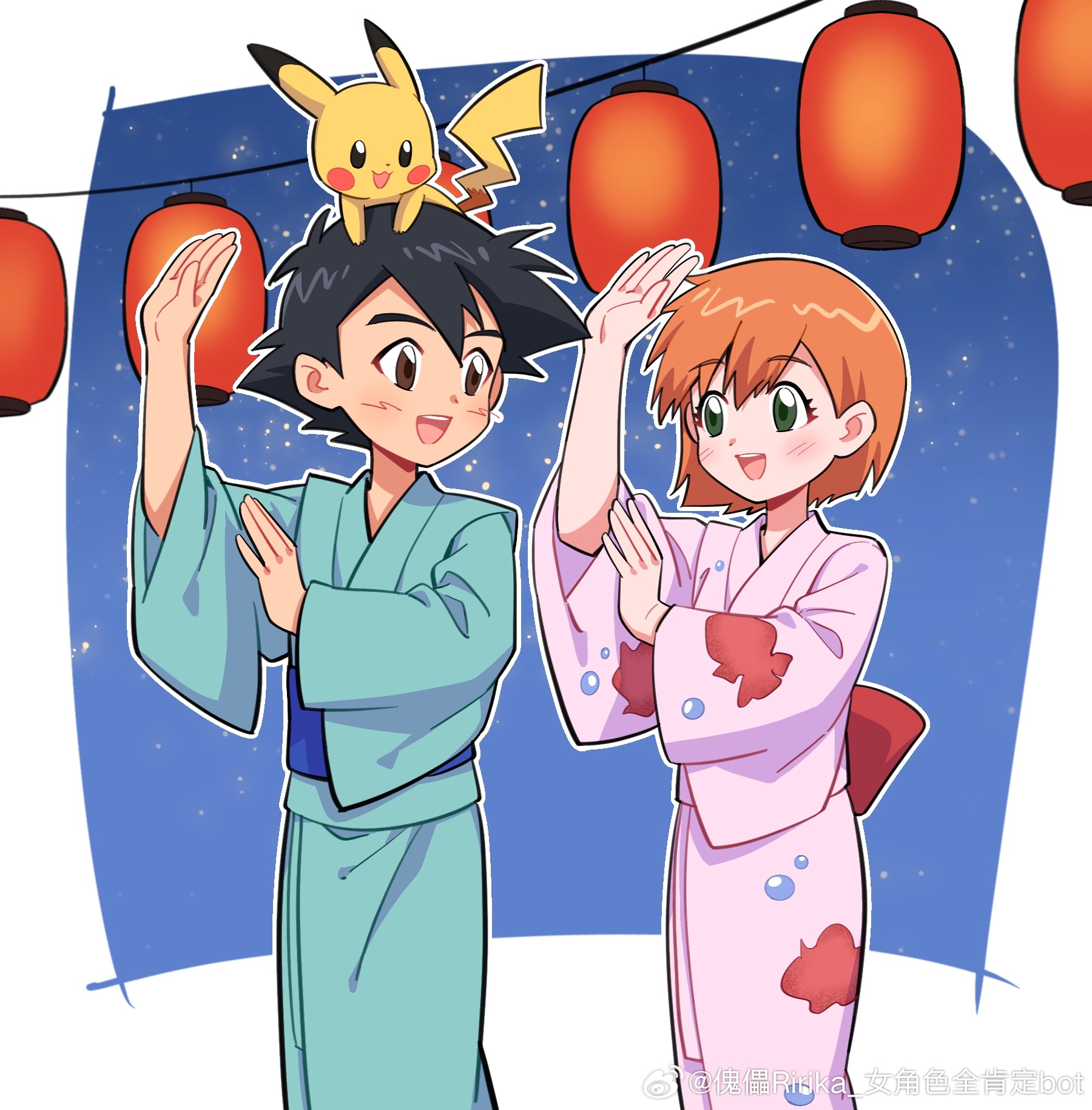 ash ketchum, misty (pokemon), pikachu, nintendo, pokemon, pokemon (anime), pokemon (classic anime), pokemon rgby, 1boy, 1girl, :d, alternate hairstyle, animal print, arm up, black hair, blue kimono, blue sash, blush, brown eyes, eyelashes, fish print, gen 1 pokemon, green eyes, hetero, japanese clothes, kimono, lantern, looking at another, night, night sky, obi, on head, open mouth, orange hair, paper lantern, pink kimono, pokemon (creature), pokemon on head, sash, short hair, sky, smile, standing, star (sky), starry sky, summer festival, teeth, tongue, upper teeth only, wide sleeves, yukata
