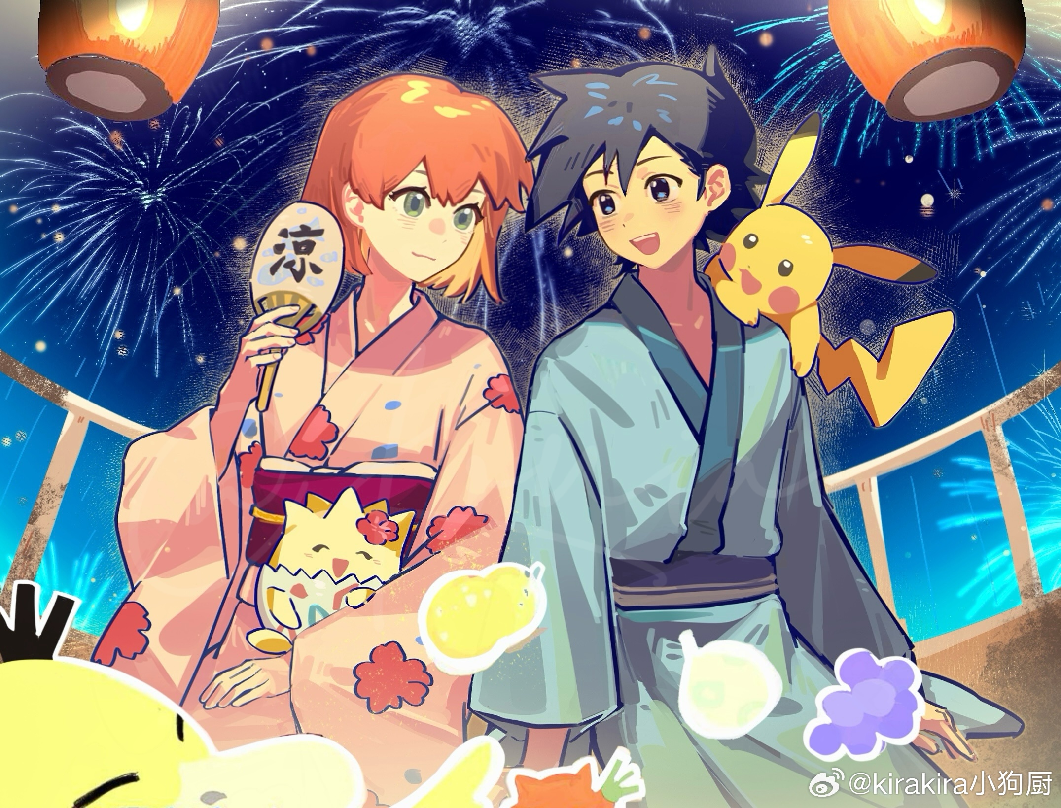 ash ketchum, misty (pokemon), pikachu, togepi, nintendo, pokemon, pokemon (anime), pokemon (classic anime), pokemon rgby, 1boy, 1girl, :d, alternate costume, black eyes, black hair, blue eyes, blue kimono, blush, brown hair, closed mouth, clothed pokemon, eyelashes, fireworks, floral print, gen 1 pokemon, gen 2 pokemon, green eyes, hand fan, hetero, holding, holding fan, japanese clothes, kimono, lantern, long sleeves, looking at another, night, night sky, obi, on shoulder, open mouth, orange hair, outdoors, paper fan, paper lantern, pink kimono, pokemon (creature), pokemon on shoulder, ponytail, purple sash, red sash, robe, sash, short hair, sitting, sky, smile, teeth, tongue, upper teeth only, wide sleeves, yukata