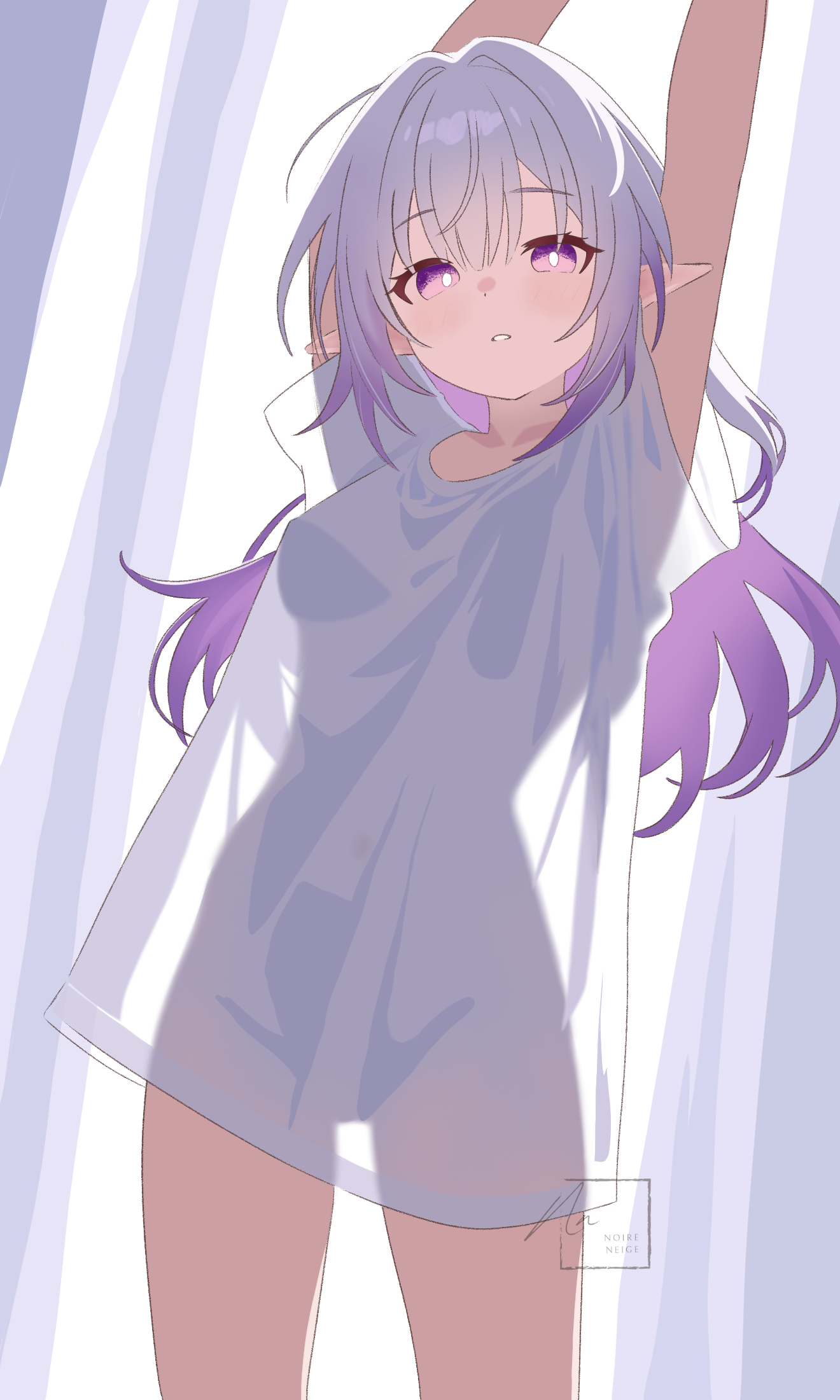 noire neige, castorice (honkai: star rail), honkai: star rail, honkai (series), highres, 1girl, blush, breasts, curtains, dot nose, elf, hair intakes, hands up, long hair, looking at viewer, medium breasts, multicolored hair, navel, open mouth, pointy ears, purple eyes, purple hair, see-through clothes, shirt, silhouette, solo, stretching, thighs, white hair, white shirt